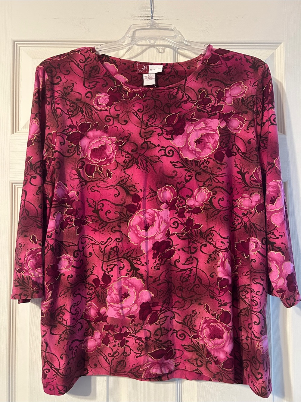 NWT JM Collection Pink Gold Foil Rose Blouse 2X